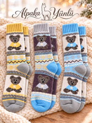 Ciho Socks Premium 3 Çift Kadın Alpaka Yünlü Yumuşak Yıkamalı Norveç Tipi Termal Desenli Soket Çorap
