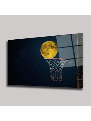 Steelartdec Dolunay ve Basketbol Potası Cam Tablo – Yaratıcı Spor Manzarası Yatay Duvar Dekoru