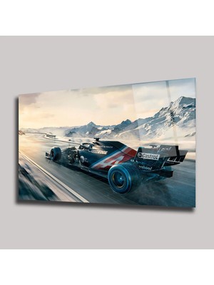 Steelartdec Alpine F1 Yarış Arabası ve Karlı Dağlar Cam Tablo – Motorsport Temalı Duvar Dekoru