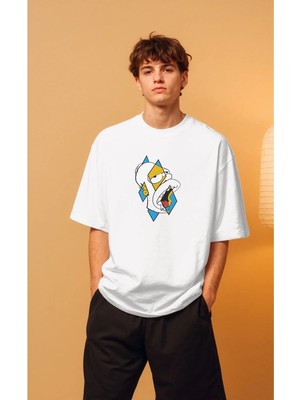 Buzagi Unisex Oversize Tişört Homer Simpson Beyaz