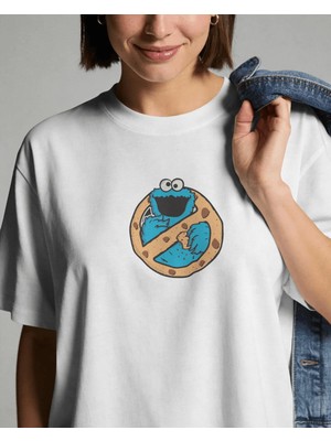 Buzagi Unisex Oversize Tişört Kurabiye Canavarı Beyaz