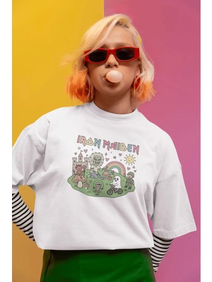 Buzagi Unisex Oversize Tişört Iron Maiden Beyaz