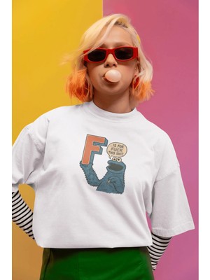 Buzagi Unisex Oversize Tişört Kurabiye Canavarı Beyaz