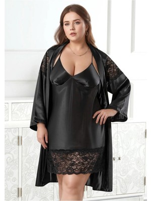 Nymora Büyük Beden Saten Gecelik Sabahlık Takımı - Siyah Dantel Detaylı 2'li Plus Size 2'li Set