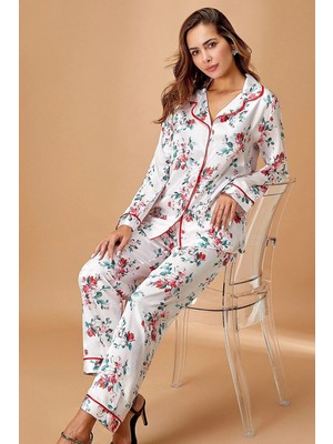 Nymora Kadın Çiçek Desenli Düğmeli Uzun Kol 2'li Çeyiz Seti ve Pijama Takımı