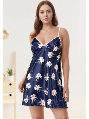 Nymora Kadın Büyük Beden Desenli Saten Gecelik - Lacivert Floral Plus Size Gecelik