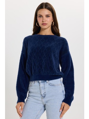 Tudors Kadın Slim Fit Dar Kesim Bisiklet Yaka yumuşak Dokulu Baklava Desenli Lacivert Crop Triko Kazak