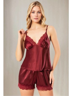 Nymora Kadın Bordo Saten Şortlu Pijama Takımı Dantel Işlemeli Askılı Ev Giyimi