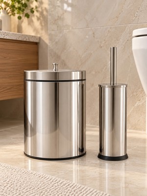 DMR Home Paslanmaz Çelik Banyo Seti Çöp Kovası ve Tuvalet Fırçası Seti