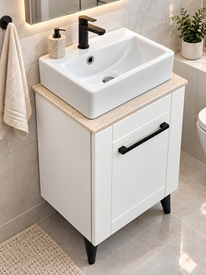 Turkuaz Tezgah Üstü Lavabolu 41 cm Mini Banyo Dolabı - Krem Renk Membran Kapaklı - Siyah Kulplu ve Ayaklı