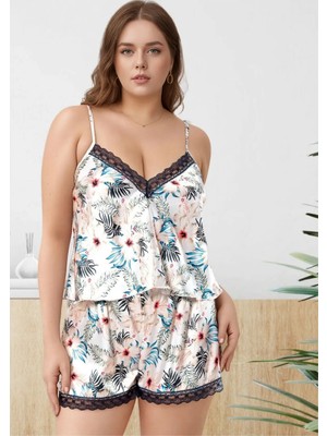 Nymora Kadın Büyük Beden Çiçek Desenli Saten Şortlu Pijama Takımı Lacivert Dantelli