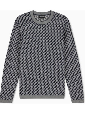Emporio Armani Erkek Saf Yün Jakar Logo Desenli Bisiklet Yaka Ribana Detaylı Uzun Kollu Lacivert Kazak EM006360 AF27946-FB066