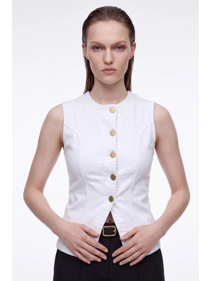 Hakke Gold Düğmeli Dikiş Detaylı Denim Yelek