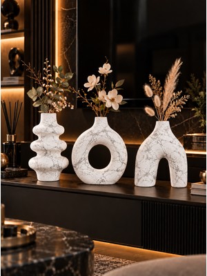 Betonmall 3'lü Salon Aksesuar Seti Bohem Dekoratif Vazo ve Obje Seti Modern Tv Ünitesi Konsol Dekoru