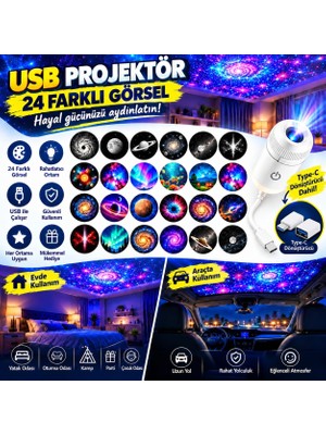 Mighty 24 Farklı Desenli USB LED Projektör Gece Lambası 360 Derece Ayarlanabilir Yıldız Galaksi