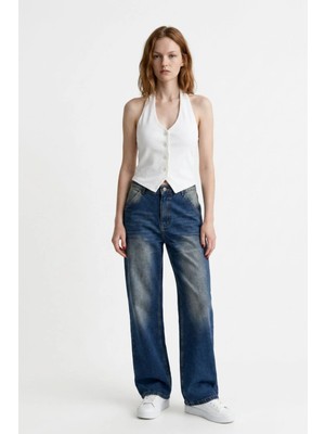 Hakke Kadın Yüksek Bel Bol Paça Wide Leg Jean PANTOLON