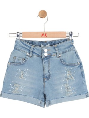 Nk Kids Kız Çocuk 8-14 Yaş Taş Detaylı Denim Şort Kot Mavi