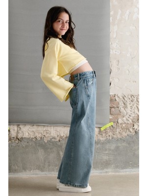 Mayoral Kız Çocuk 8-18 Yaş Yan Dikişli Bol Paça Denim Pantolon Kot Mavi