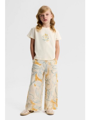 Nk Kids Kız Çocuk 4-8 Yaş Desenli Keten Palazzo Pantolon Krem