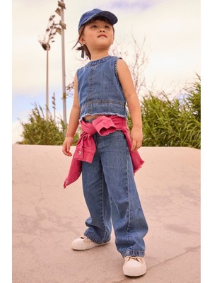 Mayoral Kız Çocuk 4-9 Yaş Wide Leg Yan Dikiş Detaylı Denim Pantolon Kot Mavi