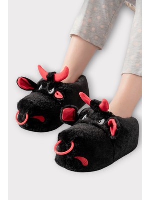 Liger Unisex Figürlü Kaymaz ve Ses Yapmaz Taban Ev Panduf Siyah - Kırmızı