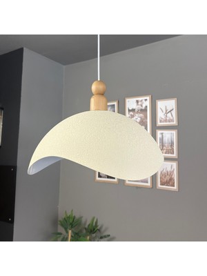 Bamyum Luna Dokulu Beyaz Tekli Avize Kalın Ahşap Boncuk Başlık Sarkıt Lamba Restoran Salon Aydınlatma
