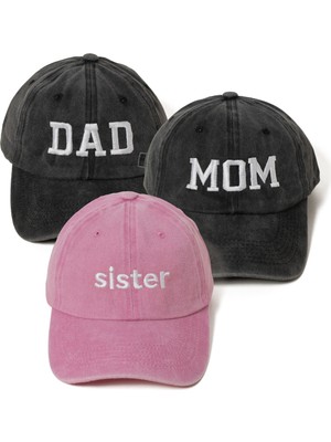 Nome Studio Nakışlı Mom Dad Sister Pembe Antrasit Şapka 3lü Paket Anne Baba Kız Çocuk Yıkamalı Kumaşlı Şapka Pamuklu Ayarlı