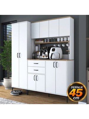 Rani JE264 Çok Amaçlı Dolap 10 Kapaklı 2 Parça Beyaz - Sepet Ceviz Modern Tasarım 204,2 cm