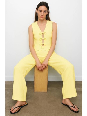 Wide Leg Geniş Paça Beli Lastikli Basic Düz Bürümcük Pantolon Takım