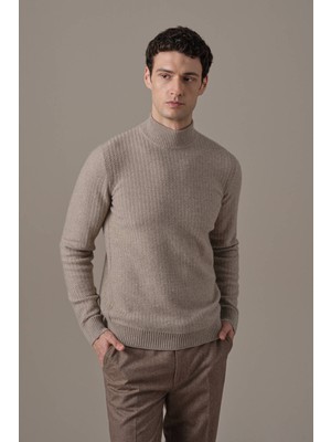 Hemington Saf Kaşmir Lupeto Yaka Zigzag Örgü Camel Kazak