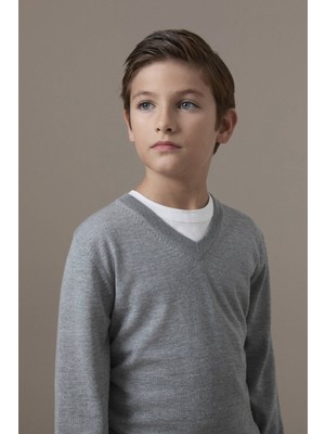Hemington Extrafine Merino V Yaka Açık Gri Çocuk Triko