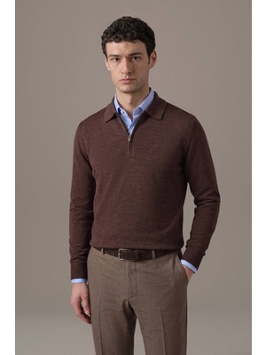 Hemington Merino Yün Ipek Karışım Polo Yaka Yarım Fermuarlı Kahverengi Triko