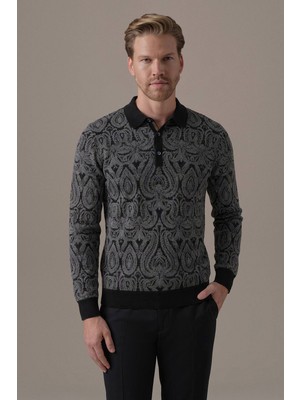 Hemington Paisley Desen Alcantara Patch Siyah Polo Triko