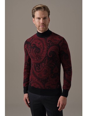 Hemington Ultrafine Kaşmir Lupetto Yaka Paisley Desen Siyah-Bordo Kazak
