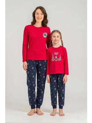 Roly Poly 3936-G Kırmızı Kar Küresi Ayıcıklı Yılbaşı Desenli Paçası Bantlı Pijama Takım 'anne Kız Kombin Yapılabilir'