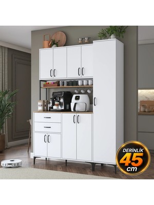 Rani JE266 Çok Amaçlı Dolap 9 Kapaklı Çekmeceli Raflı Kiler Mutfak Dolabı Beyaz - Sepet Ceviz