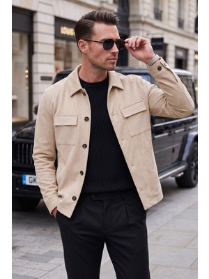 Deepsea Erkek Slim Fit Tüylenmeyen Kırışmayan Krem Süet Ceket – Astarlı Gömlek Yaka 2704503