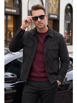 Deepsea Erkek Slim Fit Tüylenmeyen Kırışmayan Siyah Süet Ceket – Astarlı Gömlek Yaka 2704503