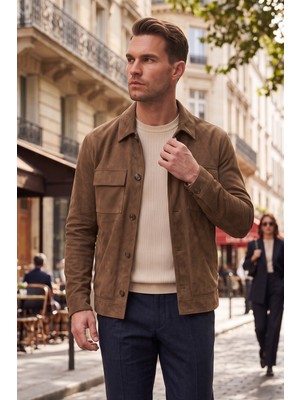Deepsea Erkek Slim Fit Tüylenmeyen Kırışmayan Kahve Süet Ceket – Astarlı Gömlek Yaka 2704503