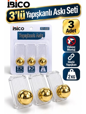 Ellante Ibico 3'lü Yapışkanlı Altın Askı Seti Vidasız Montaj Güçlü Yapışkanlı Duvar Banyo Mutfak Kapı Askısı 2 kg