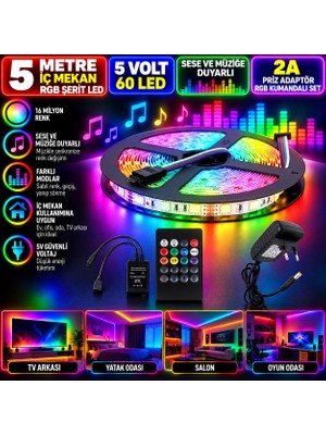 Powerr Led Aydınlatma 5m 5V 60 Ledli Iç Mekan Rgb Şerit LED 2A Priz Adaptör Sese ve Müziğe Duyarlı Rgb Kumandalı Set