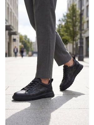 Ayakmod Siyah Hakiki Deri Bağcıklı Kalın Rahat Tabanlı Erkek Casual Ayakkabı Sneaker 2592