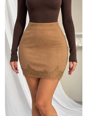 Polo State Dantel Detaylı Süet Mini Etek - Camel