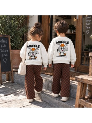 Cg Kids Waffle Baskılı Sweatshirt ve Kahverengi Kareli Eşofman Alt Üst Takım Süper Kalite