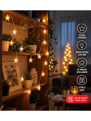 MixmioLife Yıldız LED Işık 1,5 Metre Pilli Dekoratif Peri LED Yılbaşı Süsleme Işığı Gün Işığı