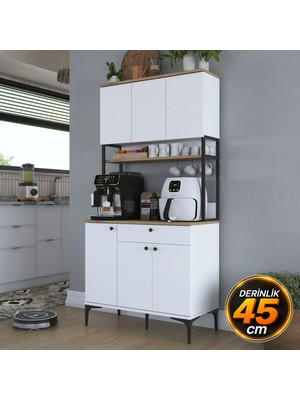 Rani JE197 Çok Amaçlı Dolap 6 Kapaklı 1 Çekmeceli Kiler Mutfak Dolabı Sepet Ceviz - Beyaz