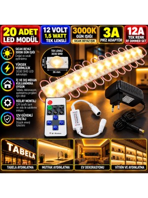 Powerr Led Aydınlatma 20 Adet 12V 1,5W Tek Lensli 3030 3000K Günışığı LED Modül 3A Priz Adaptör 12A Tek Renk Rf Dimmer Set