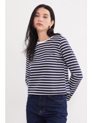 FullaModa 3 İplik Şardonsuz Çizgili Bisiklet Yaka Sweatshirt