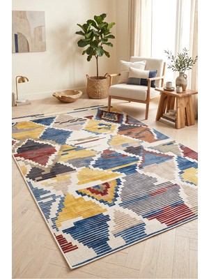 Decomia Home Vintage Etnik Renkli Kaymaz Dokuma Tabanlı Yıkanabilir Şönil Kilim Salon Halısı Çocuk Odası Mutfak Koridor