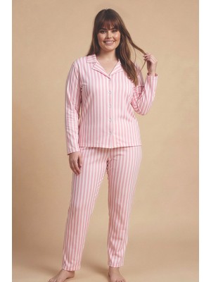 Wordex Mirano 9851 Uzun Kollu Şardonlu Soft Kışlık Düğmeli Büyük Beden Kalpli Kadın Pijama Takımı